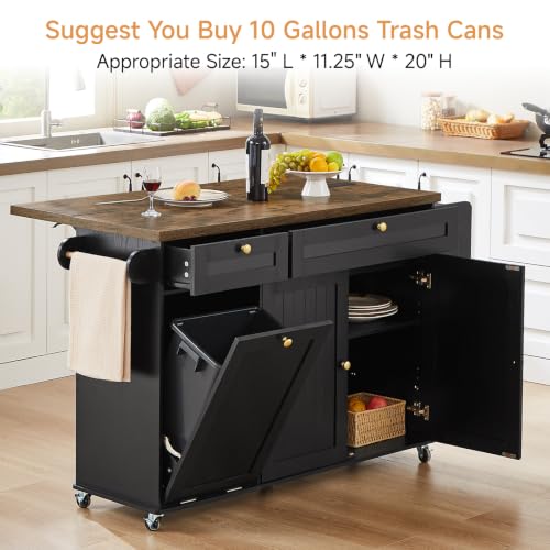 Rolling Kitchen Island Cart with Drop Leaf, Power Outlet & Trash Can Storage
