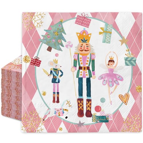 Pink Christmas Nutcracker Paper Napkins 100Pcs Disposable Holiday Party Supplies