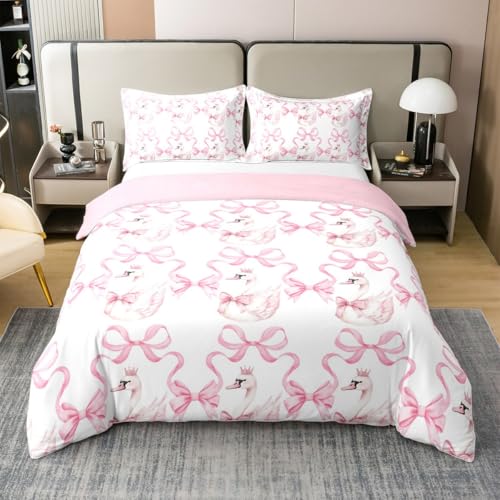 Manfei Twin Size Watercolor Pink Swan Cotton Duvet Cover Set with Pillow Sham, Princess Crown & Bowknot Design, Baby Pink & White