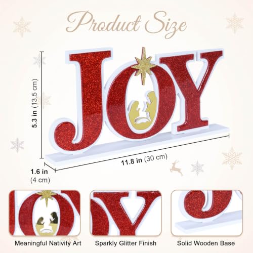 Joy Christmas Nativity Scene Sign with Wooden Base - Religious Holiday Decor