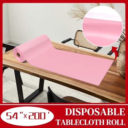 Pink Plastic Tablecloth Roll 54x200 Feet, Disposable Party Cover with Cutter