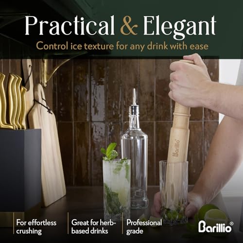 Barillio 13.75 Inch Wooden Muddler & Ice Hammer with Canvas Crushing Bag - Cocktail Bar Tool Set