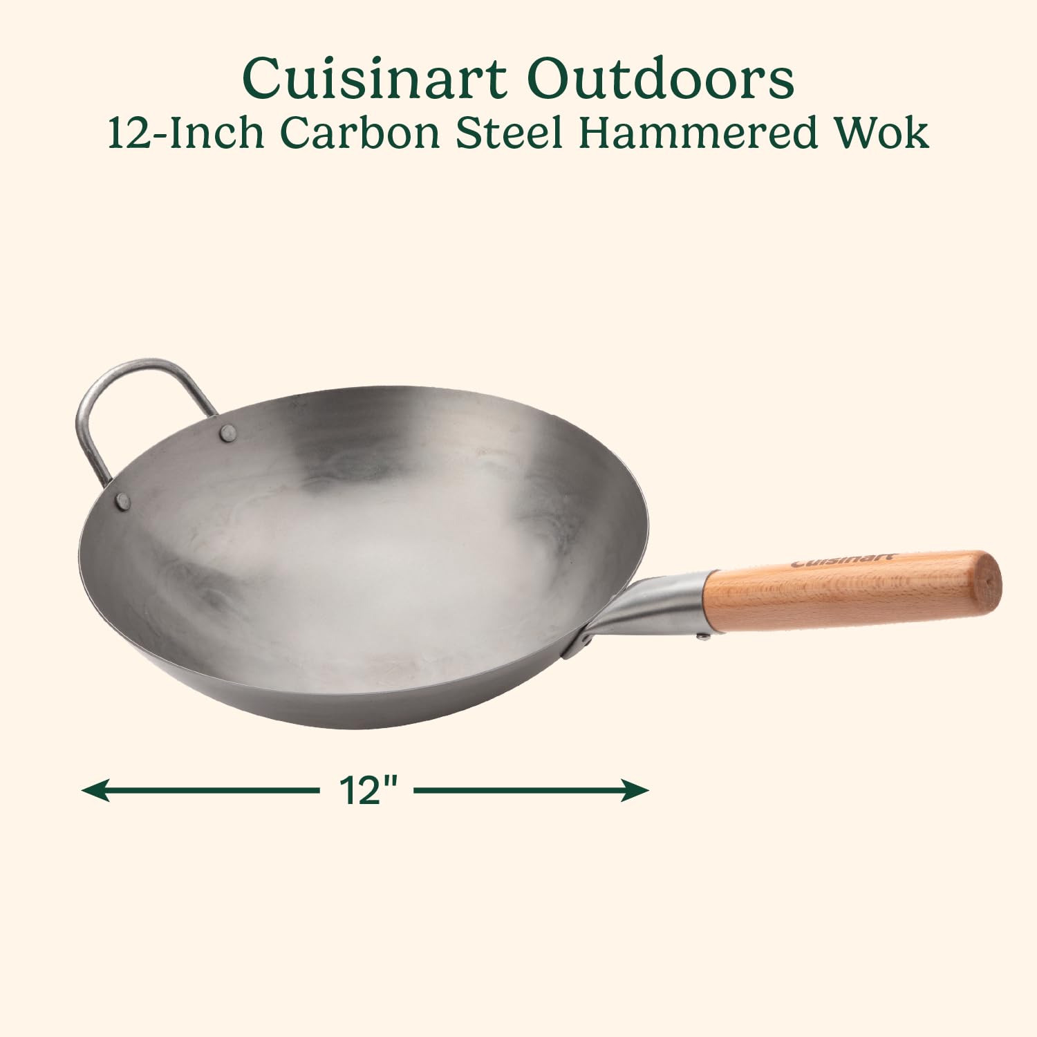 Cuisinart 12” Carbon Steel Hammered Wok, Traditional Round Bottom, Stir Fry Pan with Wooden & Helper Handle for Authentic Asian Cuisine, Wok Hei Cooking Perfect for Stir-Fry, Sauté & Deep Fry