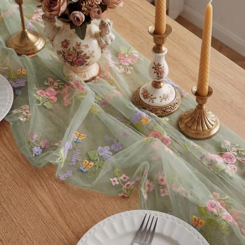 Sage Green Floral Embroidered Table Runner 120-Inch Sheer Spring Decor