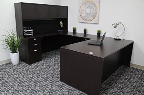 71-Inch Executive U-Shape Desk with Hutch and File Storage - Mocha Wood