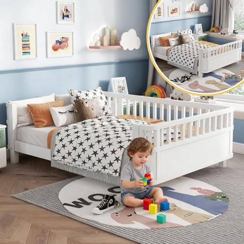 Full Size Montessori Bed Frame with Detachable Rails, Solid Wood Low Profile