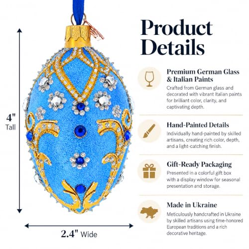 Jewels and Golden Scrolls on Glitter Blue Glass Egg Ornament 4 Inches