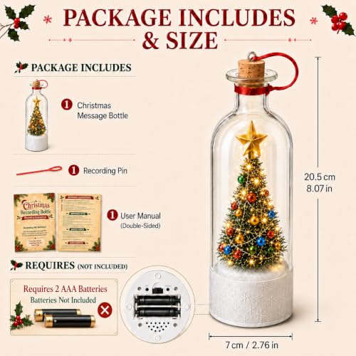 Christmas Message Bottle, 30-Second Voice Recording, LED Lights