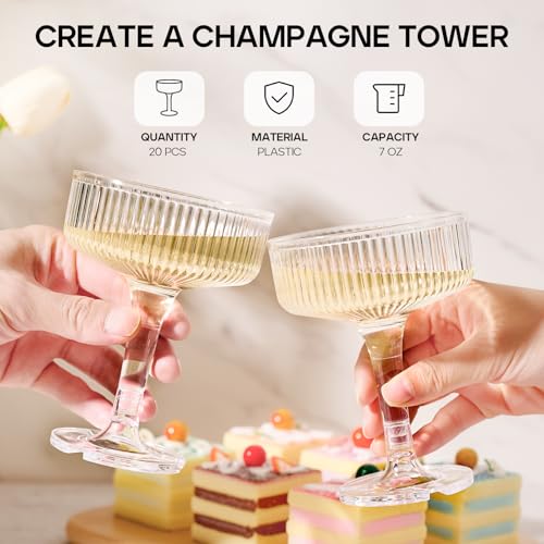 DORONAN Clear Plastic Champagne Tower Glasses 20 Pack, Unbreakable 7oz Coupe for Wedding & Party