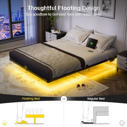Full Size Floating Metal Platform Bed Frame with LED Lights & Charging Station