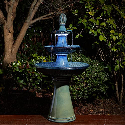 Turquoise 3-Tier Ceramic Outdoor Fountain with LED Lights - Garden Waterfall