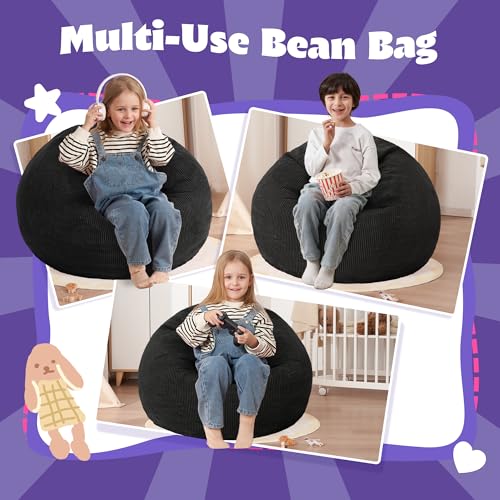 2ft Memory Foam Bean Bag Chair - Comfortable Corduroy Floor Lounger, Black