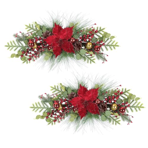 26 Inch Christmas Swag for Front Door with Poinsettias Flower - Red Berry Poinsettia