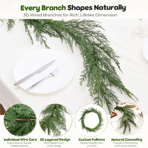 FAJUNZH 6FT Forest Green Cedar Garland with Layered Dimension - Soft Touch Greenery, Wired Branches, Realistic Holiday Decor