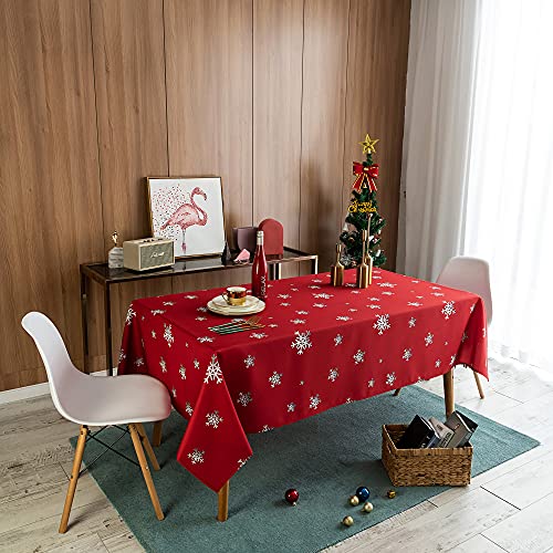 Linnovo Red Gradient Snowflake Christmas Tablecloth 60x84 Inch Water-Resistant Holiday Decor