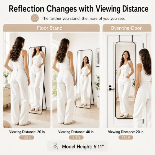 57"x20" Full Length Mirror with Stand, Over the Door & Wall Mount - Black