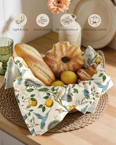 100% Cotton Flour Sack Kitchen Towels, Lemon Birds Print, 18"x26", Set of 2