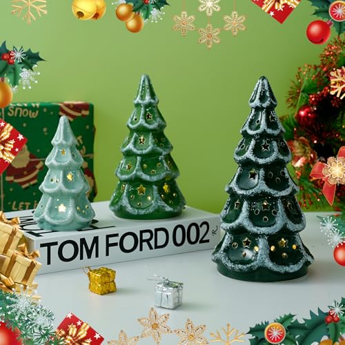 Luxstyra Green Ceramic Christmas Tree with Lights & Timer - Set of 3