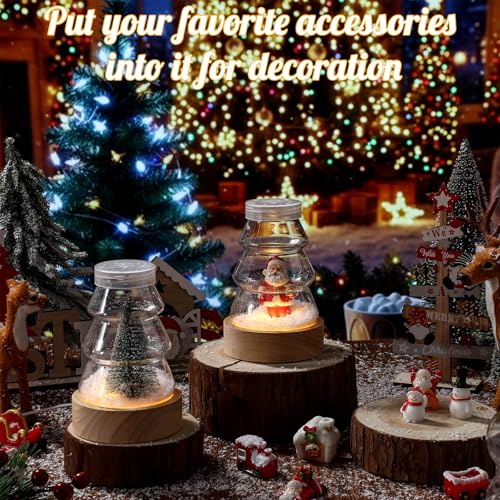 Irenare 12-Pack Christmas Snow Globe DIY Kit with LED Light Wooden Base - Tree Shaped Globe Jar for Crafts