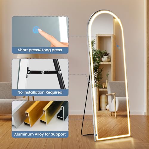 Arched LED Full Length Mirror 20"x63" - Dimmable Lighted Floor Mirror