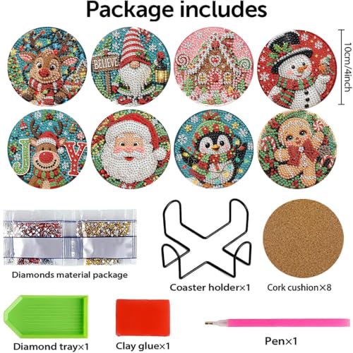 8 PCS Christmas Diamond Coaster Kit with 1 Stand - Bdwy559 - DIY Diamond Painting Coasters