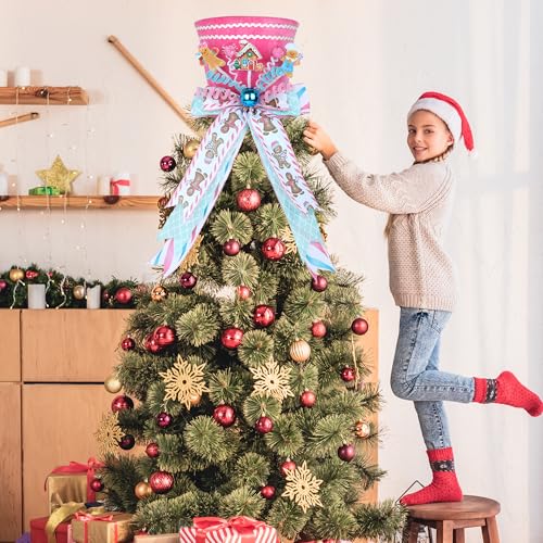 Pink Gingerbread Christmas Tree Topper Hat with Bow - Velvet Candy Cane Imitation