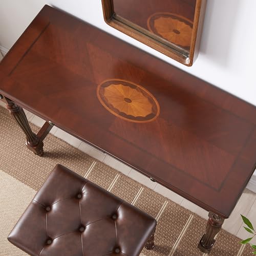 Vintage Wood Writing Desk and Button-Tufted Stool Set with 2 Drawers