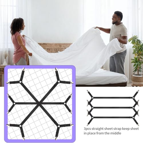 Adjustable Bed Sheet Fastener Straps (3 Pack) - Crisscross Sheet Clips