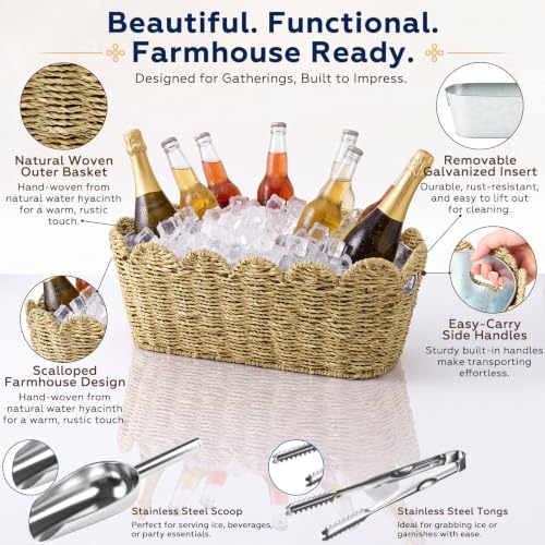 Domensi Scalloped 5 Quart Wicker Ice Bucket with Scoop & Tongs – Rustic Beverage Cooler