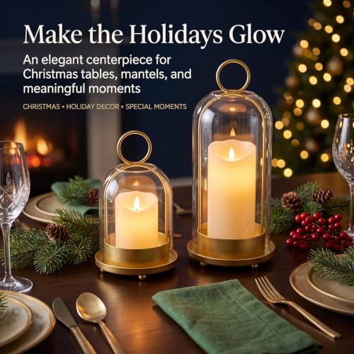 Gold Hurricane Candle Holders Set of 2 with Glass Dome, 4" & 5" Wide – Fohil Metal & Glass Centerpiece