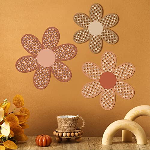 3-Piece Boho Daisy Wall Decor Set, Wooden Rattan Floral Nursery Art