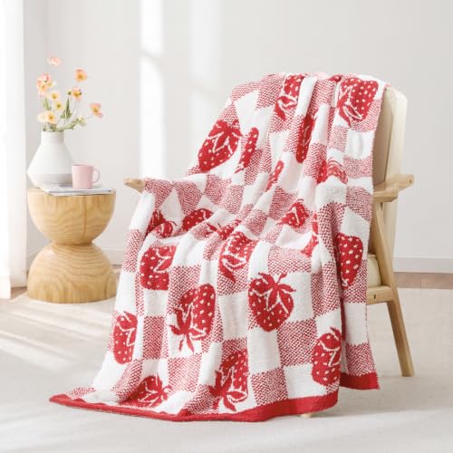 Strawberry Checkered Throw Blanket 50x60 in - Snuggle Sac Microfiber, Cozy Reversible