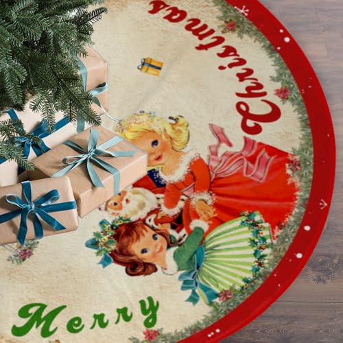 48-Inch Vintage Red Christmas Tree Skirt - Santa & Snowflake Mat