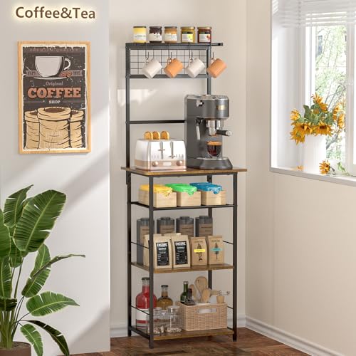 5-Tier Farmhouse Coffee Bar Station with Hooks, Small Space Bakers Rack