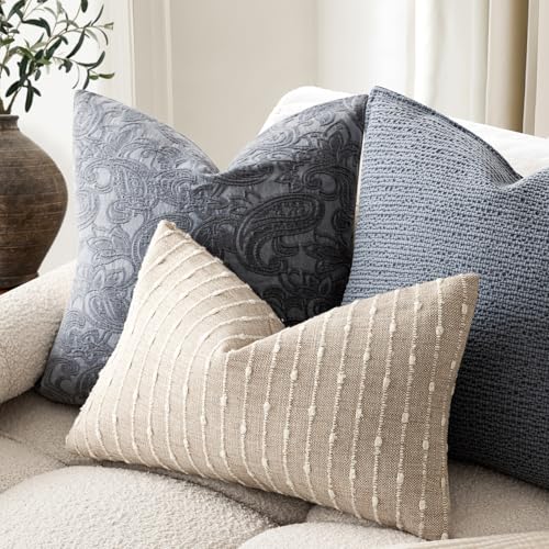 Set of 2 Jacquard Boucle Lumbar Pillow Covers 12x20 Inch Textured Striped