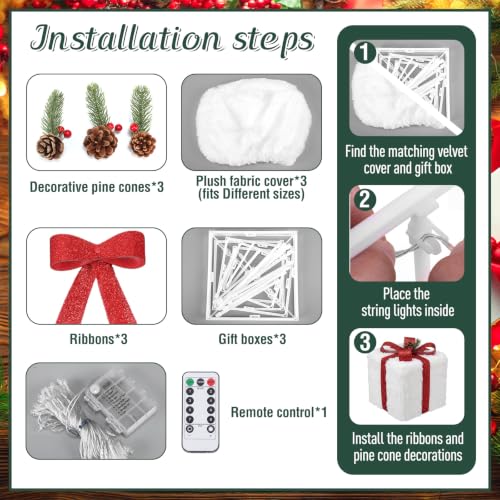 Christmas Lighted Gift Boxes Set - 3 Sizes Faux Snow Decor with LEDs & Bows