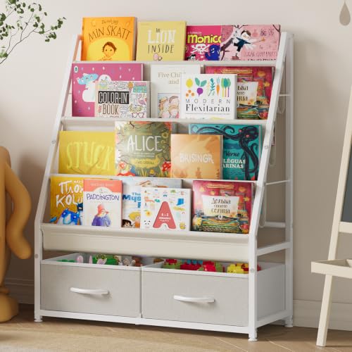 4-Tier Kids Bookshelf with Toy Storage Drawers and Canvas Pockets