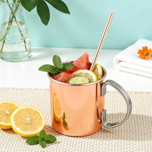 Rose Moscow Mule Copper Mug Set of 2, 15 oz - Hammered Copper Cups with Straws