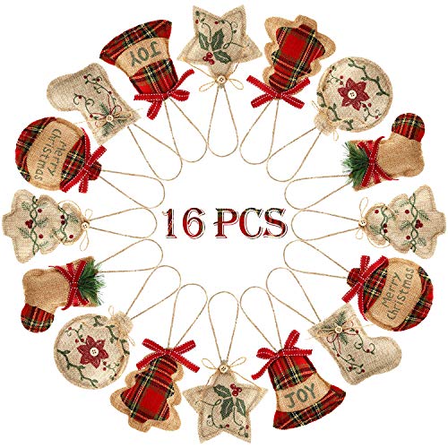 WILLBOND 16-Pack Burlap Christmas Ornaments Set with Buffalo Plaid Design