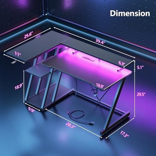 40-Inch L-Shaped Gaming Desk with LED Lights, Power Outlets & Storage Shelves