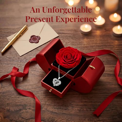 Preserved Real Rose Gift Box with 100 Languages Projection Necklace