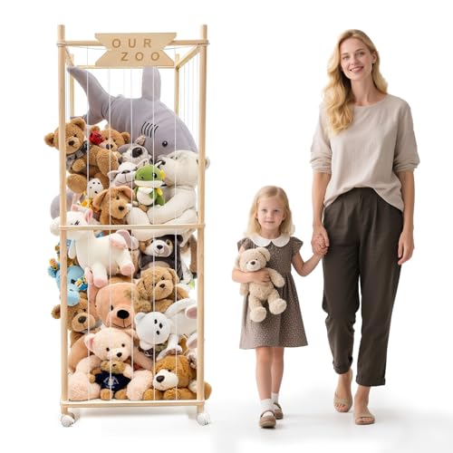 Wooden Stuffed Animal Storage Zoo with Wheels - Large Toy Organizer Cage