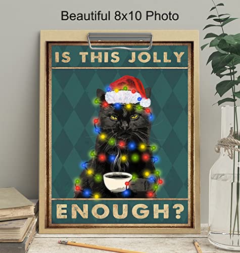Cat Christmas Wall Art - Unframed 8x10 Black Cat Santa Holiday Decor
