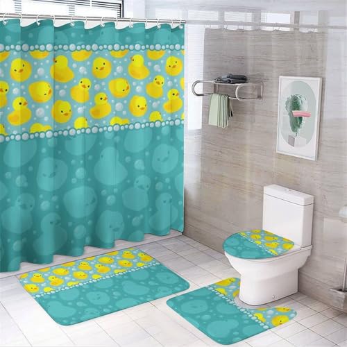 Yellow Rubber Duck 4-Piece Shower Curtain & Non-Slip Bath Rug Set