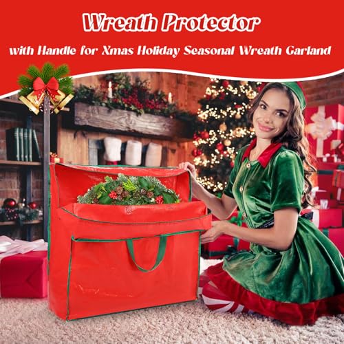 AFOROEOA 6PCS Red Wreath Storage Bags with Handles, 25"L x 25"H x 8.7"D – Clear Zip Bags for Garland & Xmas Wreaths (Variation: 6pcs Red)