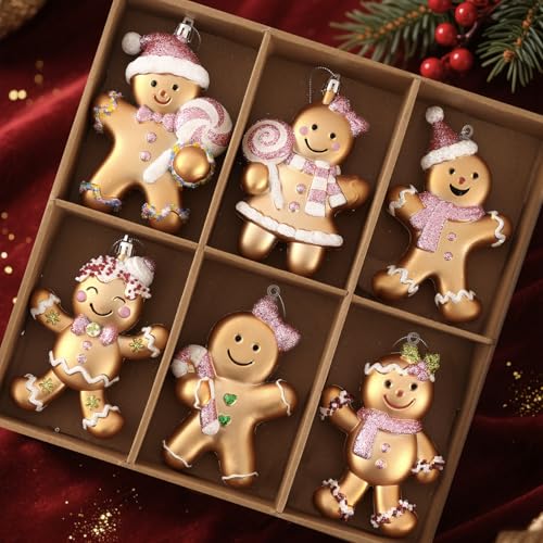 Gingerbread Man Ornaments 6-Pack 5in Pink Variation for Christmas Tree – Assorted Gingerbread Figurines
