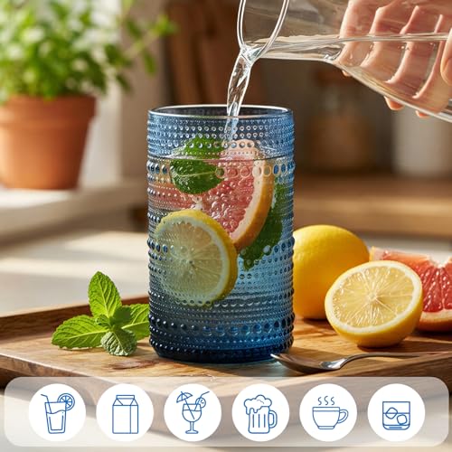 Moretoes Blue Hobnail Drinking Glasses Set of 6, 10oz & 12oz Vintage Glass Cups