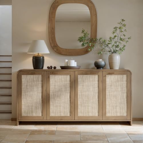 67-Inch Rattan Sideboard Buffet Cabinet, Boho Oak Storage Credenza with 4 Doors