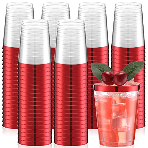 Gerrii 100 Pcs 10oz Red Rim Plastic Cups – Disposable Clear Cups with Red Rim, Party Beverages
