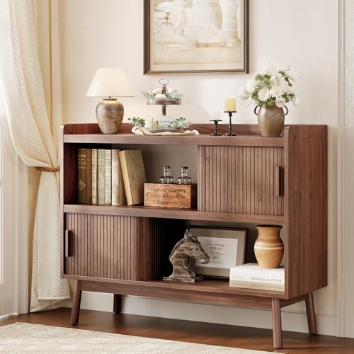 44" Mid-Century Sideboard Buffet Cabinet with Outlet and Sliding Doors